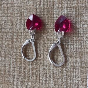 Leverback Silver Red Heart Crystal Earrings